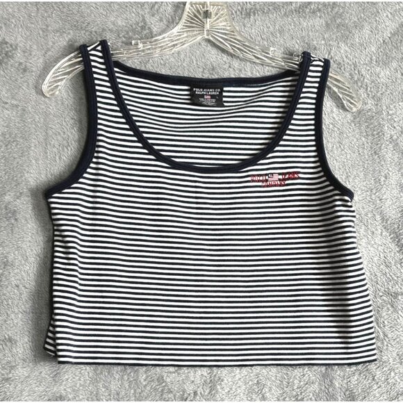 Ralph Lauren Shirt Polo JEANS Company Woman’s Crop Top Blue/White Stripped Large - Picture 2 of 11
